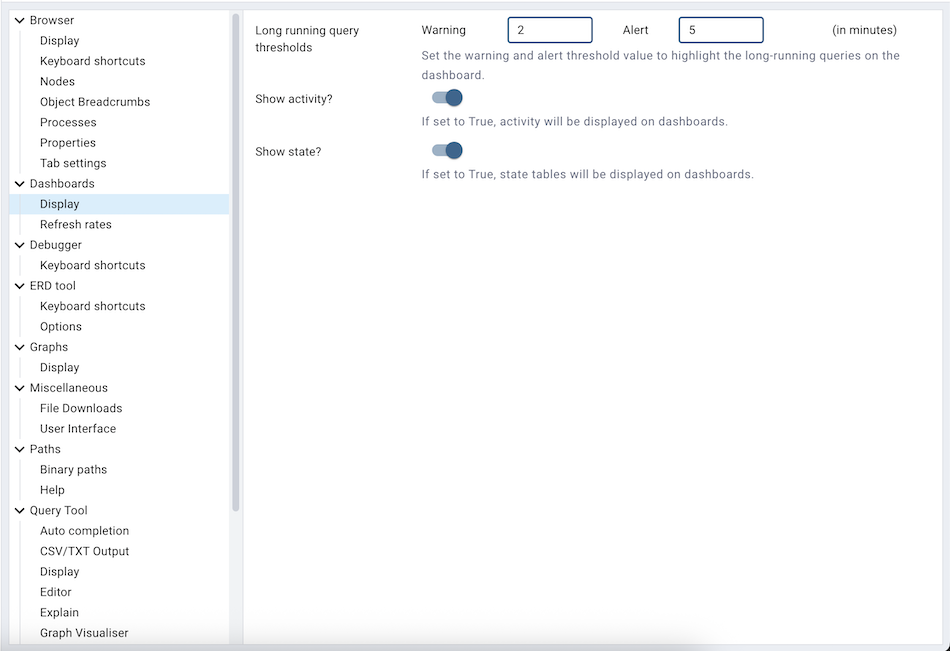Preferences dashboard display options